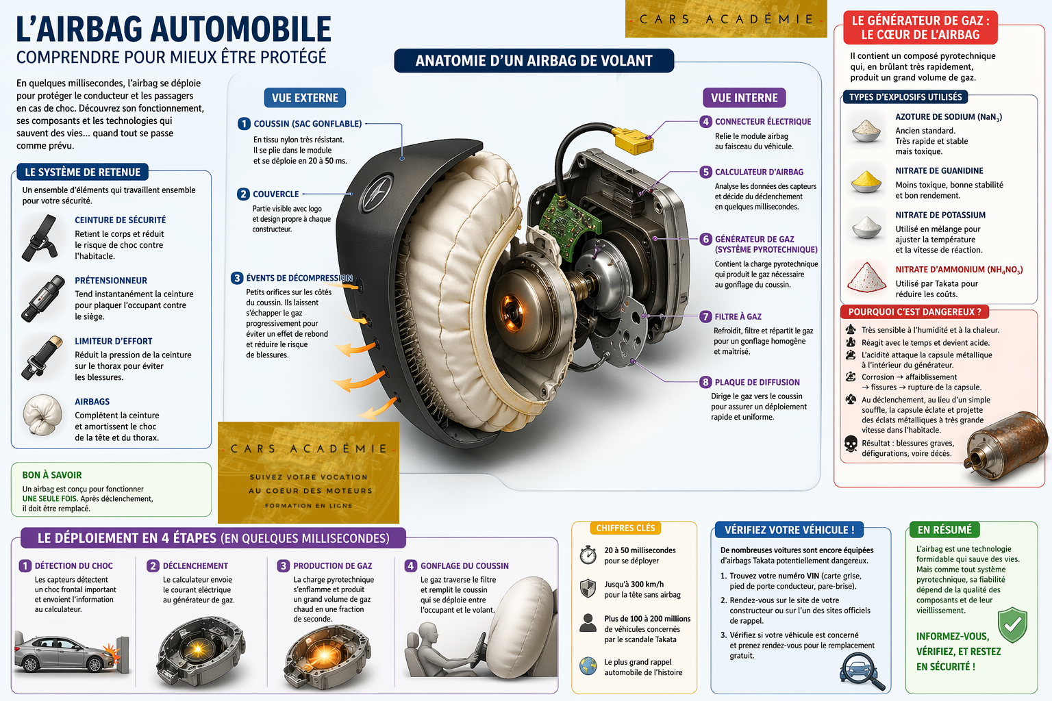 Schéma isométrique d’un airbag automobile montrant le coussin, le générateur de gaz pyrotechnique, les capteurs, les évents de décompression et les composants internes liés au scandale Takata